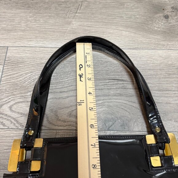 Lux Black Patent Leather Handbag Glossy VTG 60s Top Handles Gold Tone Hardware - Picture 8 of 14